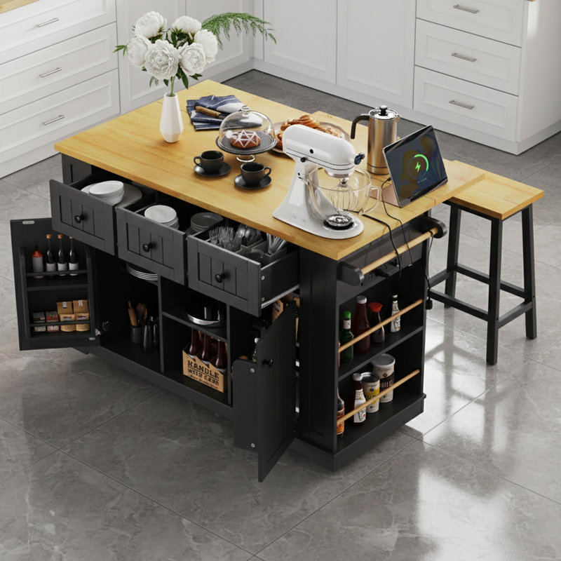 Door Internal Storage Rack Kitchen Island With 2 Bar Stools And Power Outlet, Black