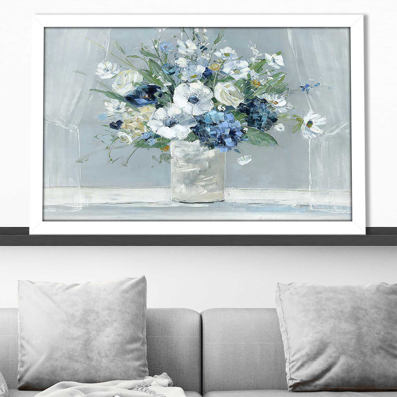 «Be Happy Blue» par Sally Swatland - Peinture, H 33,5 po x l 49,5 po x P 1 po, Cadre blanc