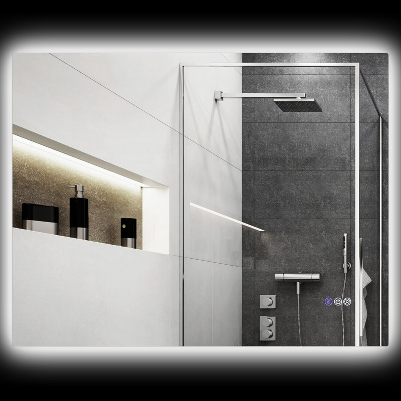 Miroir de salle de bain 35 po x 28 po avec lumières à DEL, brouillard, intensité variable, température de couleur réglable, mémoire, fixation murale, horizontal / vertical, Cri90 +, résistant à l'eau, imperméable à l'eau IP44, envers en alliage d'aluminium, IP44, aluminium