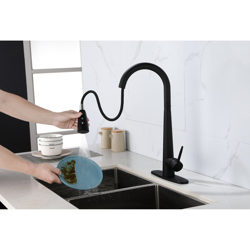 Single Handle Kitchen Sink Faucet With Pull Down , Stainless Steel Composition, Matte Black Tone, 360 Rotating High - Arc Nozzle, Three Water Output Modes  Stream, Spray,  , Convenient Temperature