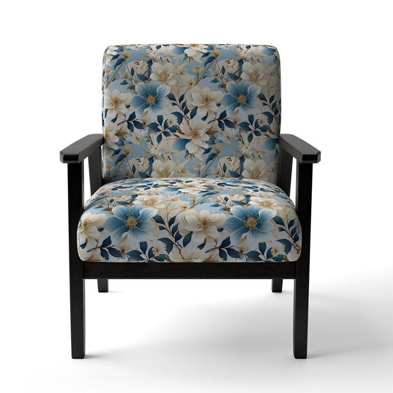 White And Blue Blossoms Floral Pattern - Upholstered Farmhouse Arm Chair, Blue Accent Chair