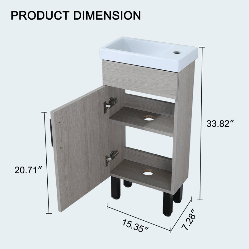 16'' Mini Free-Standing Single Bathroom Vanity With Ceramic Top, Oak