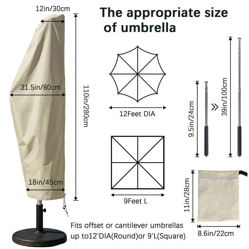 Patio Umbrella Cover for Outdoor Umbrellas, 420D Oxford Fabric Waterproof Outdoor Patio Umbrella Cover, Fits 9-12 ft Cantilever Offset Umbrella, (Khaki)