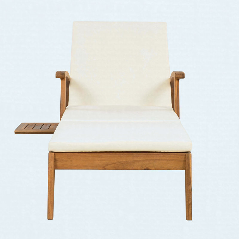 Ensemble de table d'appoint d'extérieur inclinable avec chaise longue en bois d'acacia avec coussin de 2 pouces et table d'appoint pliable à dossier réglable pour véranda au bord de la piscine