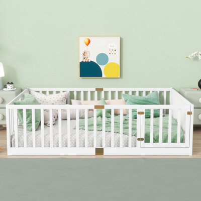 Kids Floor Bed With High Fence And Lockable Door Solid Wood Platforms Standard Bed