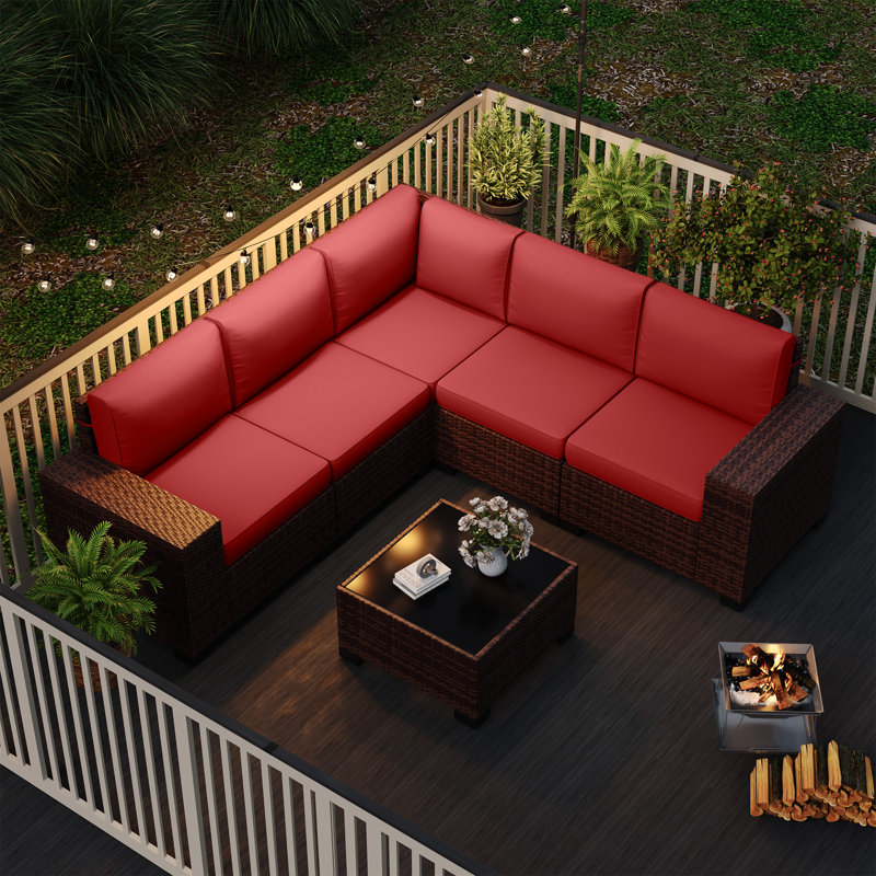 5 - Person Outdoor Rattan Sectional Seating Group With Cushions, Red, Brown