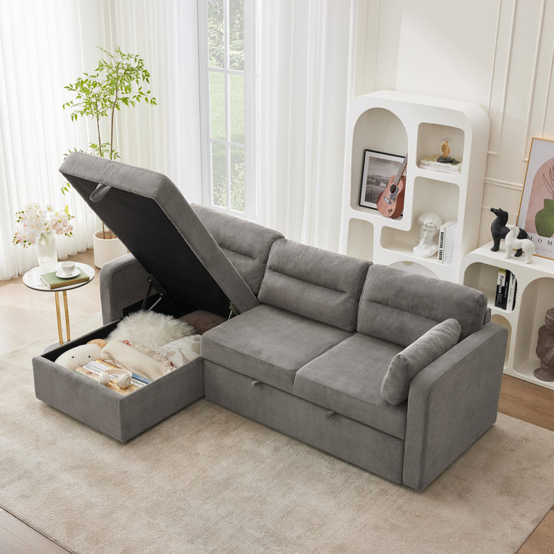Canapé-lit modulaire en L de 92,5 po de large avec rangement en L, Velours côtelé gris