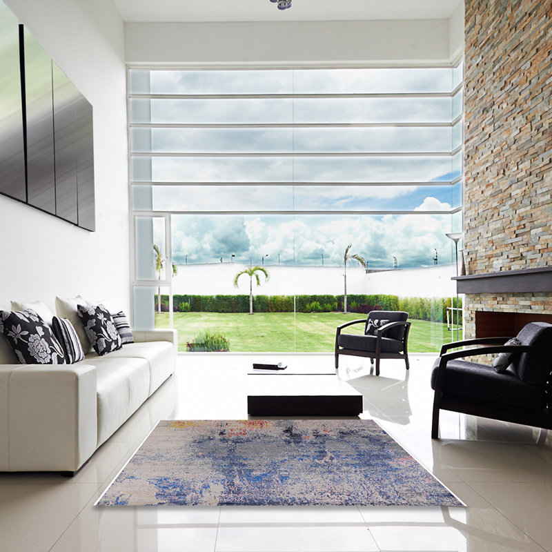 Tapis abstrait bleu / gris / brun clair Bramford, Carré 7 pi