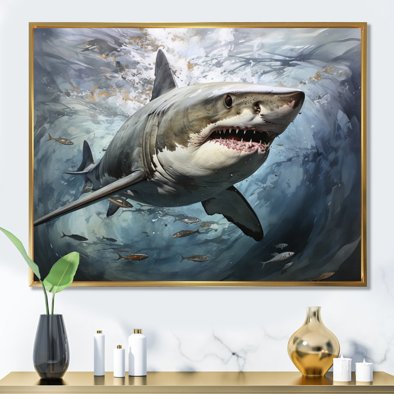 Requin gris «Silent Hunter II» - impressions de requins, Cadre flottant doré, H 12 po x l 20 po x P 1 po