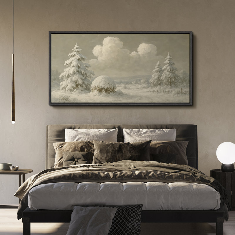 «Vintage Snowy Pine Tree Landscape», reproduction d'art sur toile encadrée, H 30 po x l 60 po, Noir