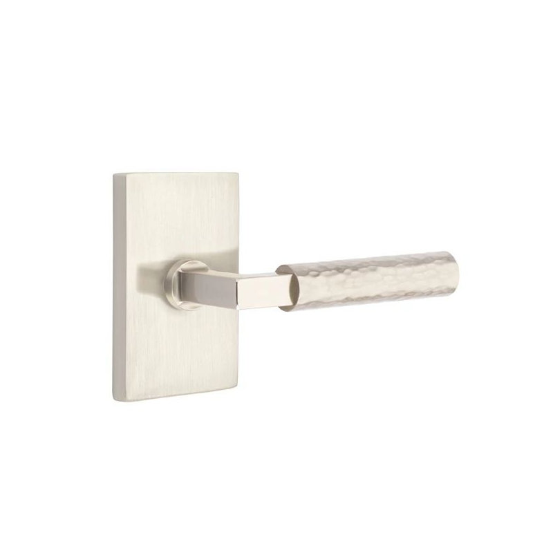 Select Privacy Interior Mortise w/ Modern Rectangular Rosette & L-Sq. Stem, Hammered Lever, Left, Satin Nickel