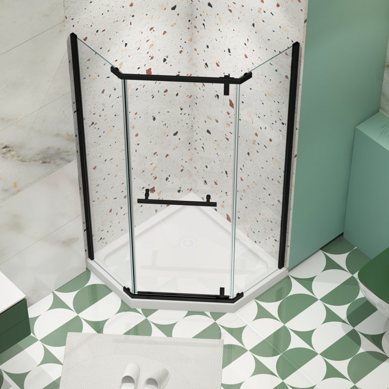 Porte de douche pivotante noire matte en verre trempé pour salle de bain