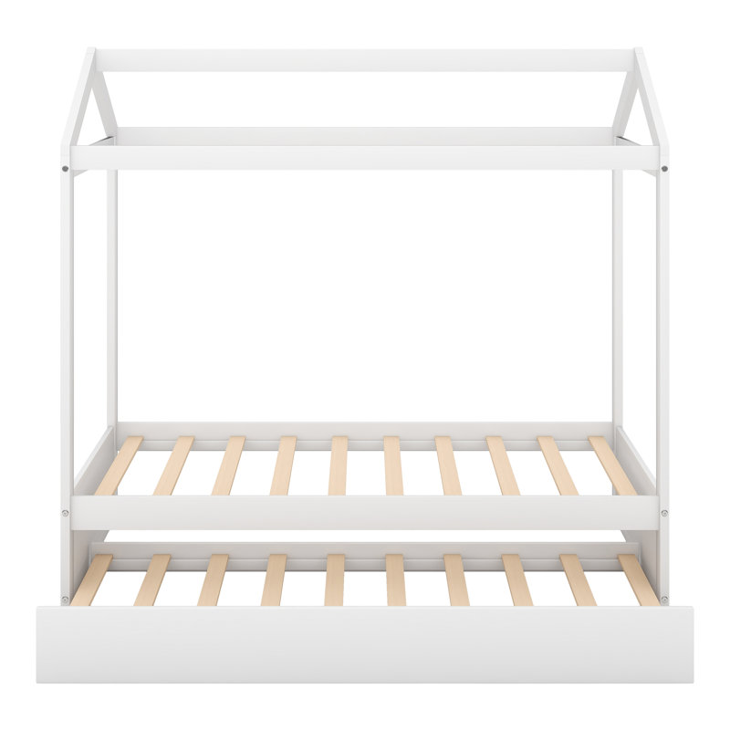 Lit simple blanc avec lit gigogne, conception peu encombrante, sans sommier tapissier