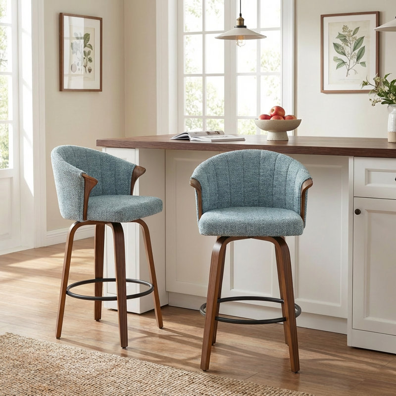 Devault Swivel Upholstered Counter Stool With Wood Frame, Blue