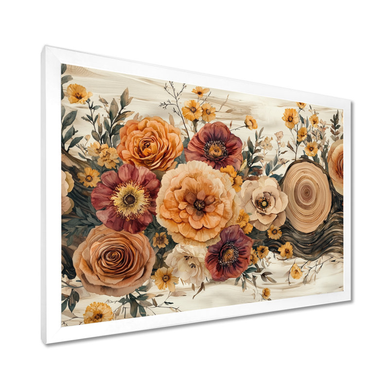 Bouquet d'automne assorti de fleurs sur une glissoire en bois, 12" H x 20" W, Picture Framed, White