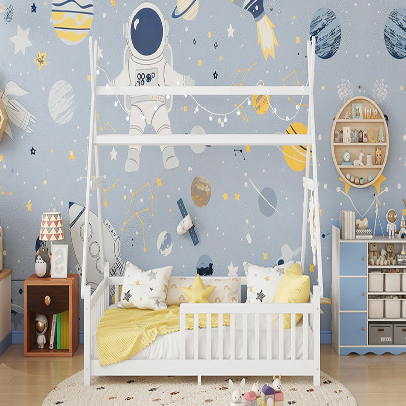 Lit maison avec lumière DEL, plancher bas et toit amovible pour enfants, Simple, Blanc