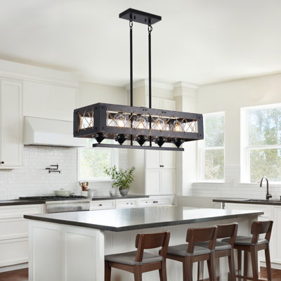 31.5" Industrial Farmhouse 5-Light Linear Chandelier Black Metal Frame with Rope Detail