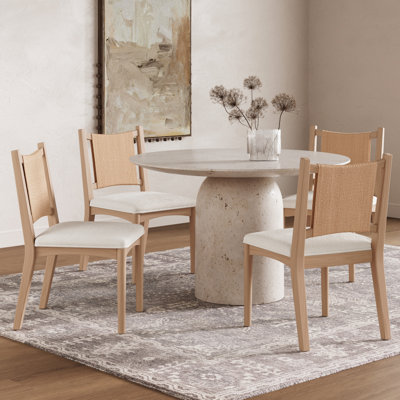 Raw Oak Upholstered Dining Chair with Seagrass Back and Boucle Seat, 4-Pack