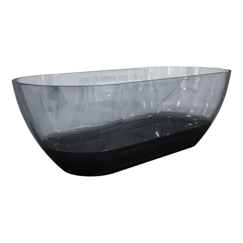 69" x 29.5" Solid Surface Stone Resin Freestanding Soaking Bathtub, Transparent Gray Blue