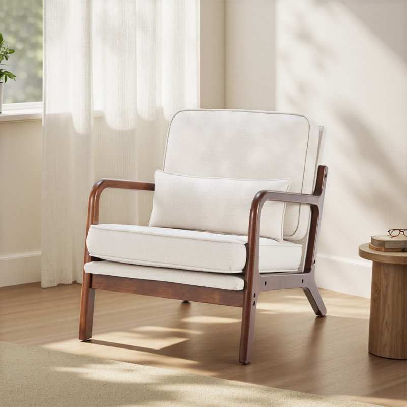 Upholstered Linen Blend Accent Chair with Wooden Legs and Lumbar Pillow, Beige