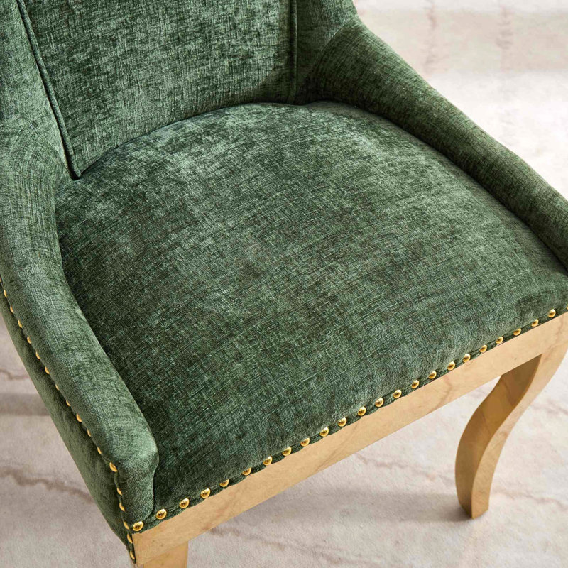 Chaises de salle à manger en chenille, style moderne avec pieds courbés plaqués or et garniture de rivets, confort rembourré pour la salle à manger / salon, sièges d'appoint avec tissu texturé et structure une pièce, ensemble de 2