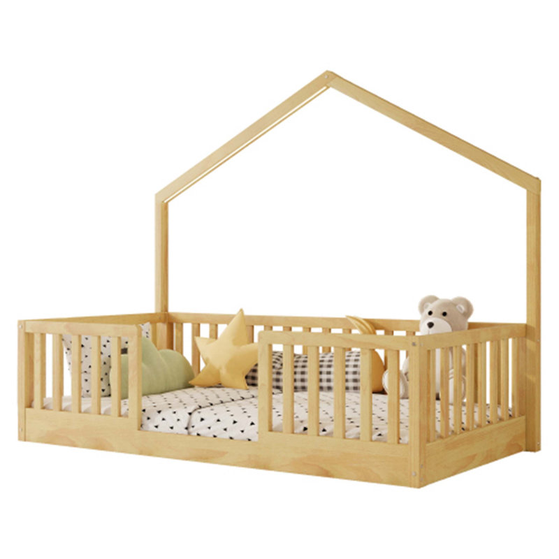 Lit de sol Montessori en bois avec lumière DEL et barrières hautes pour enfants, Naturel