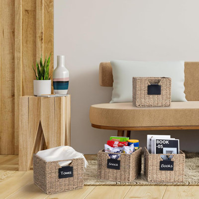 Seagrass Storage Baskets With Labels,  Wicker Storage Basket, Storage Baskets For Shelves, Pantry Baskets Organization,Kitchen Bathroom Shelves Storage Basket (4 Pack)