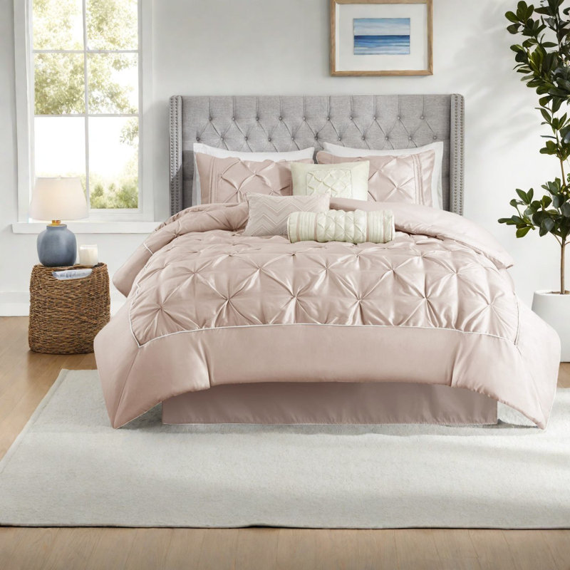 Ensemble de literie capitonné élégant 7 pièces, polyester rosé avec coussins décoratifs - Grand