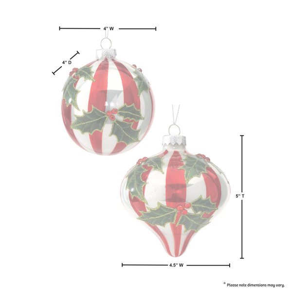 6 Piece Striped Holly Ball/Onion Ornament Set