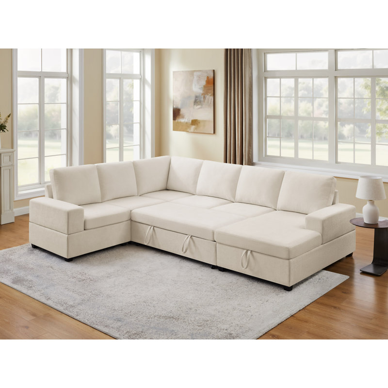 Pull-Out Sofa With Storage Chaise, Upholstered Couch, Beige