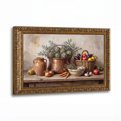 Nature morte des légumes et des fruits dans un pot en cuivre, tableau sur toile