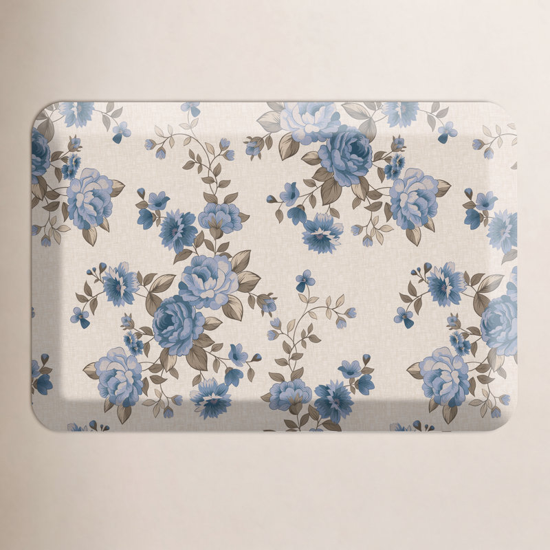 Tapis de cuisine anti-fatigue, motif de roses de jardin anglais en bleu, Rectangle 1 pi 8 po x 2 pi 8 po, Bleu