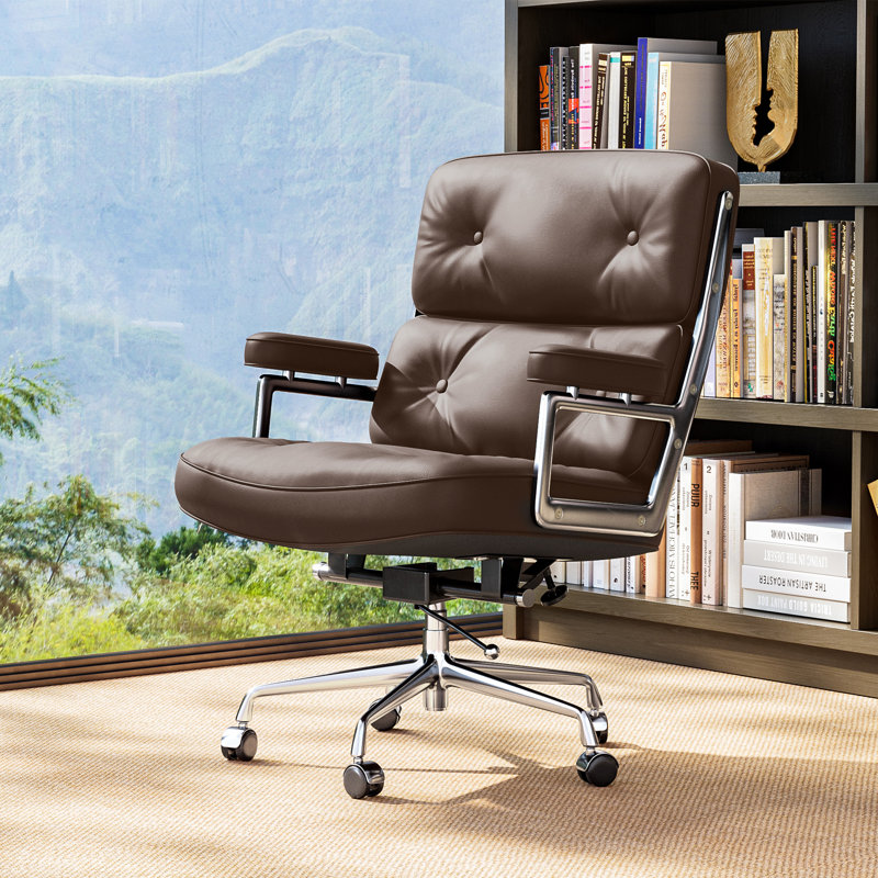 Fauteuil de direction en cuir véritable avec structure et roues en aluminium, fauteuil de bureau pivotant avec dossier épais et soutien lombaire ergonomique