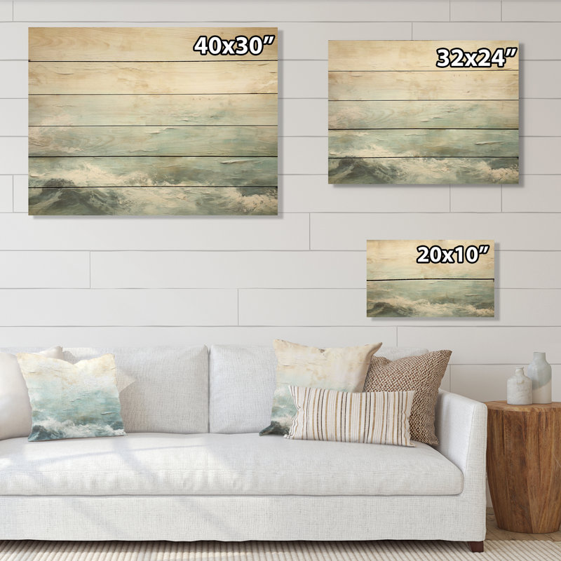 «Modern Coastal Beige and Blue River I», art mural en bois océan côtier sur bois de pin naturel, H 30 po x l 40 po