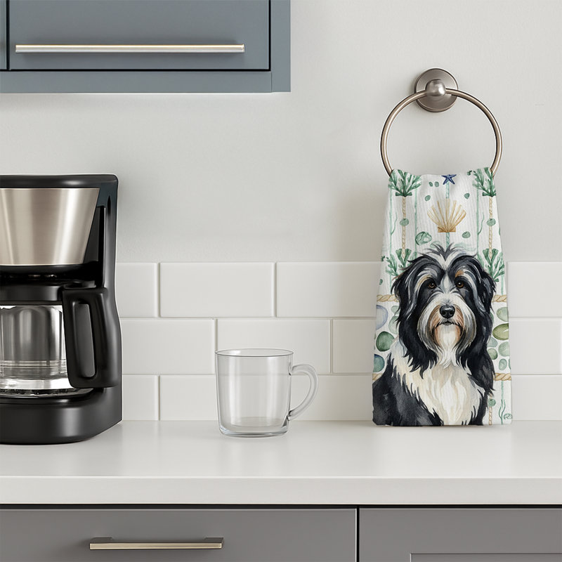 Black Bearded Collie Coastal Sea Glass Kitchen Towel, Black Bearded Collie