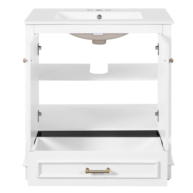 Meuble-lavabo de 76 cm avec lavabo en céramique, deux armoires et un tiroir - Design blanc moderne pour petites salles de bain, dispositif anti-déversement, quincaillerie stable, étagères réglables et rails de rangement coulissants.