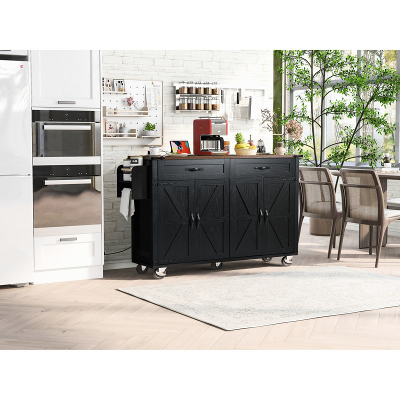 Kitchen Island With Rolling Wheels, Drop Leaf, Power Supply, Drawer, 53.5''W X 28.92''D 36.5''H, Black For Area Socket, Cart, 53.5'' 28.92'' 36.5'