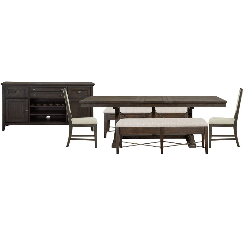 Extendable Trestle Dining Table With 2 Upholstered Benches 2 Upholstered Side Chairs And Buffet
