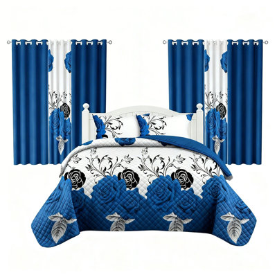 King Size 9-Piece Royal Blue & Black Rose Bedding & Curtain Set (King) - Quilted Microfiber Bedspread + Sheer Drapes