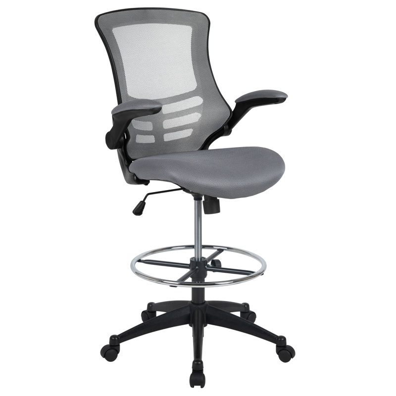 Mid-Back Mesh Ergonomic Drafting Chair with Adjustable Foot Ring and Flip-Up Arms, Dark Grey