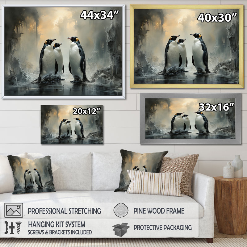 Élégance de famille pingouin dans la neige - décoration murale pingouin, Toile tendue, H 16 po x l 32 po x P 1 po
