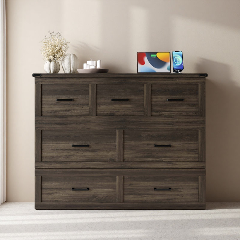 Armoire lit escamotable Murphy avec station de charge, lit plateforme pliable multifonctionnel avec 1 grand tiroir de rangement pour chambre d'amis, petite chambre