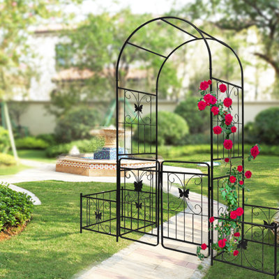 Metal Garden Arch With Gate, 79.5''X86.6'', Black - Dear Climbing Plants: Ivy, Rose, Morning Glory, , Jasmine 79.5''X86.6'' Singular