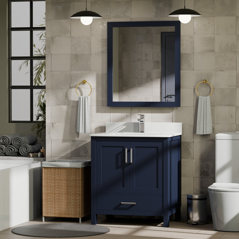 Jacques 30 in. W x 22 in. D Bath Vanity, Faucet Set, and 28 in. Mirror, Navy Blue, White Cultured Marble