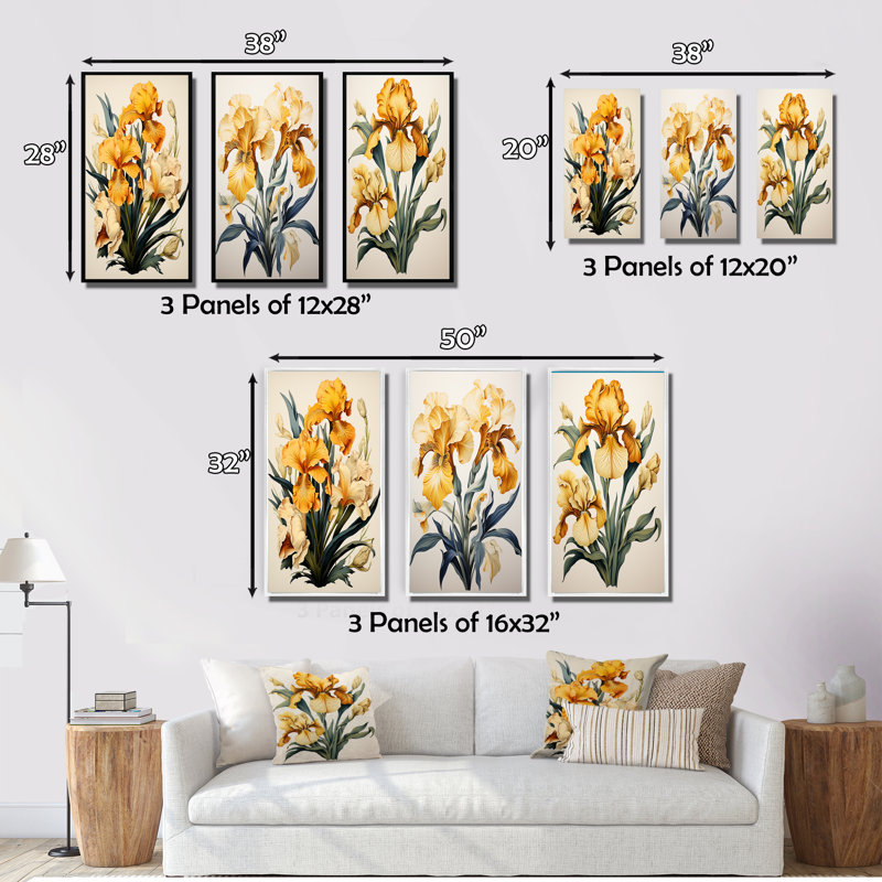«Vintage Illustration Golden Irises», 3 pièces sur toile, Cadre naturel flottant, H 40 po x l 60 po