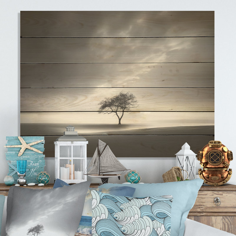 Horizon d'arbre monochrome noir et blanc - coucher de soleil côtier, art mural sur bois de pin naturel, H 24 po x l 32 po