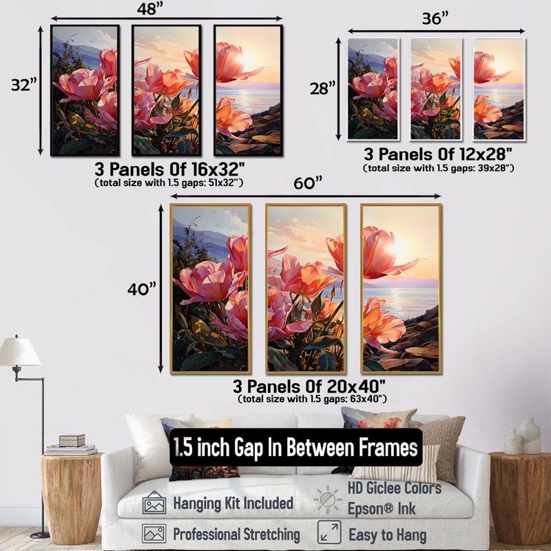 Ensemble de salon mural Tulipes, Cadre flottant blanc, H 32 po x l 48 po x P 1 po