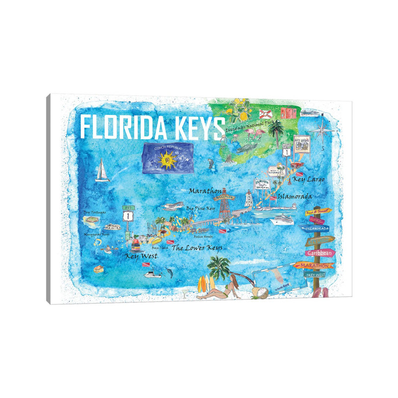 Florida Keys Key West Marathon Key Largo Illustrated Travel by Markus & Martina Bleichner - Wrapped Canvas Painting