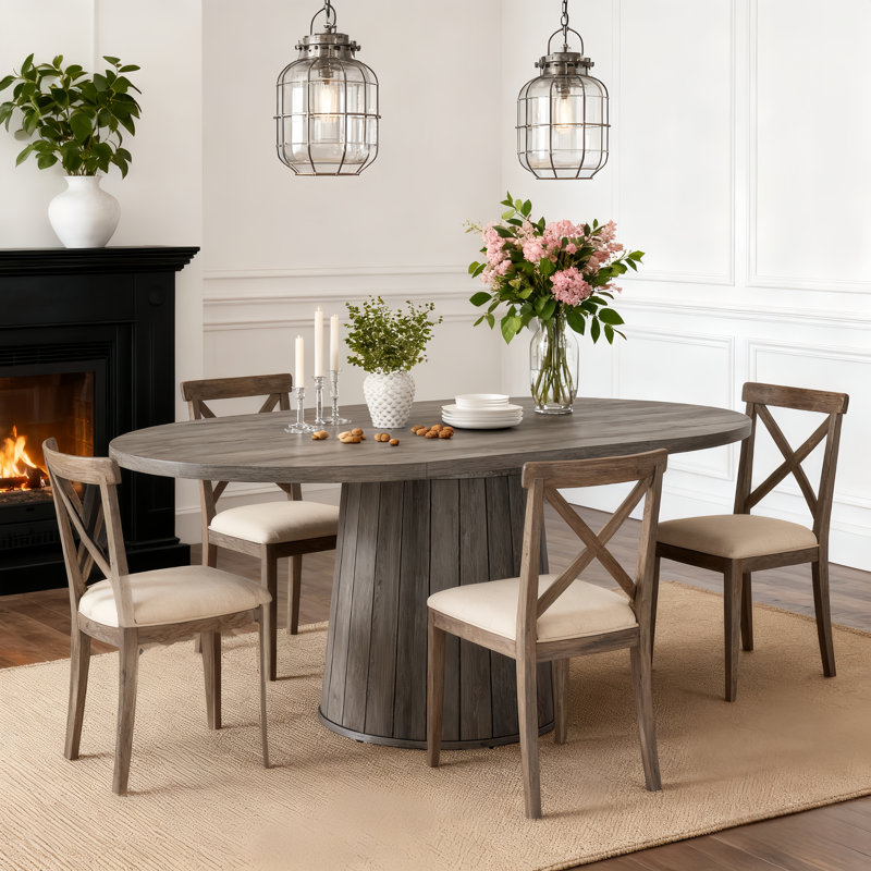 55 Inch Oval Dining Table With Wood Base For Dining Room, Kitchen, Gray/Gray Wood