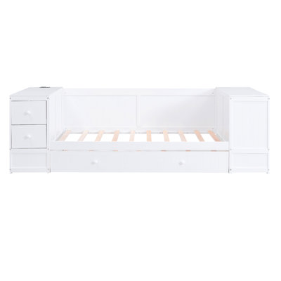 White Wood Twin Daybed With Storage, Trundle & Electrical Charging - Frame In Drawer Feature Solid